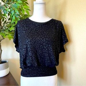 White House Black Market Smocked Waist Black Animal Print Dolman Top Medium
